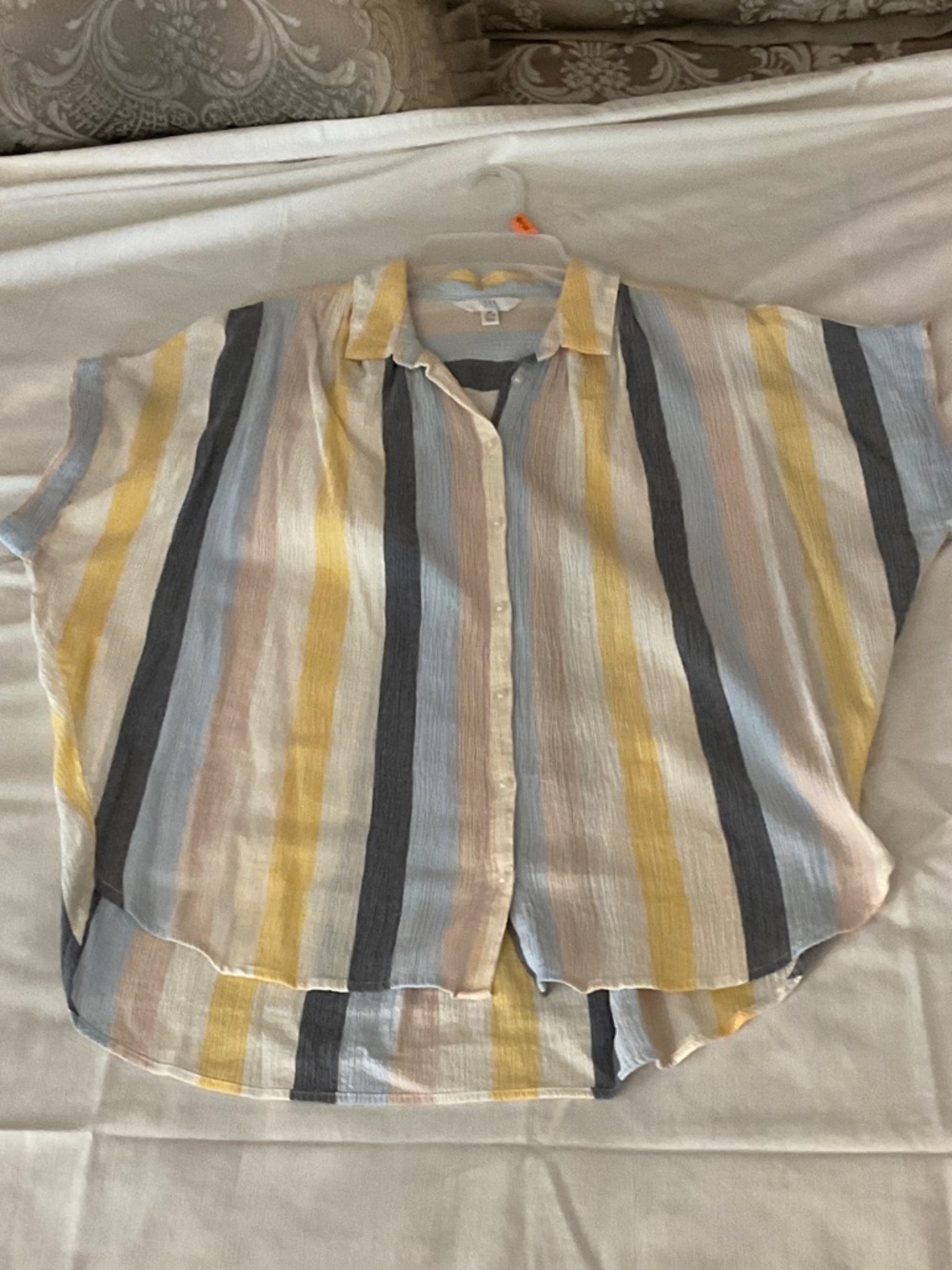 Time and Tru Striped Button-Down Shirt in Yellow, Blue, Gray, Cream